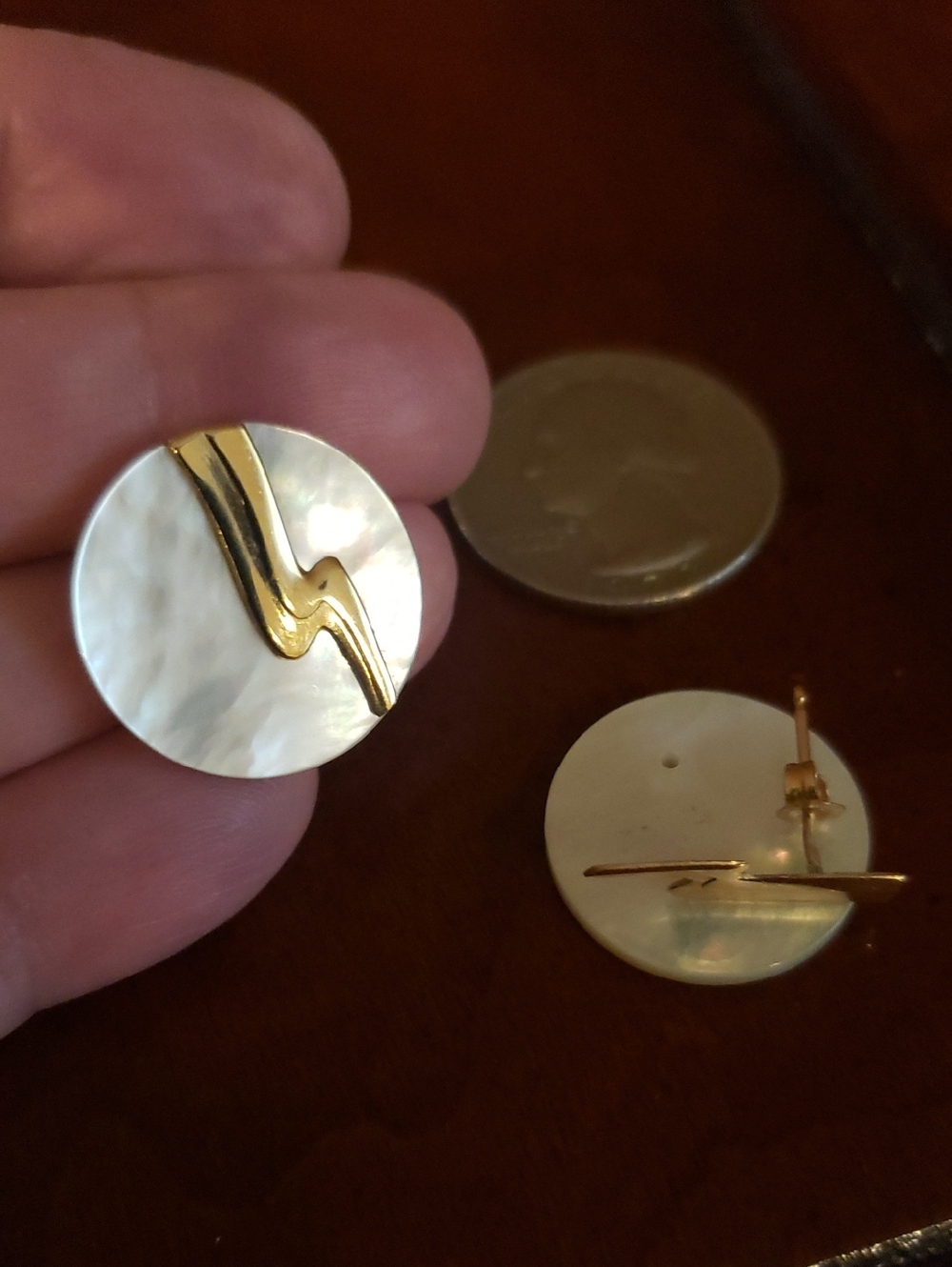 Gold Wavy Accent Mother-of-Pearl Round Stud Earrings - Can Wear Gold  Separated - Picture 7 of 10